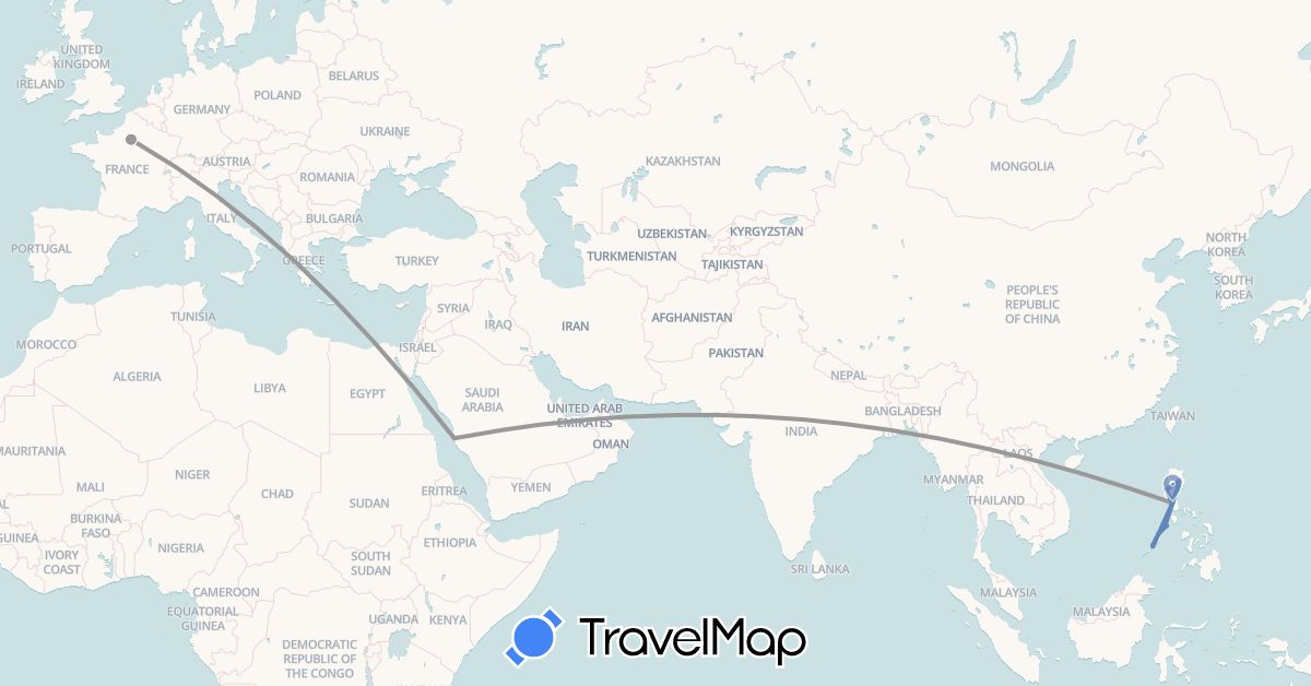 TravelMap itinerary: driving, plane, cycling in France, Philippines, Saudi Arabia (Asia, Europe)